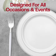 Chic, fancy silver plastic forks with contemporary white handles, disposable, perfect for upscale occasions