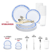 Chic party atmosphere created with the White with Blue and Silver Royal Rim Plastic Wedding Set for classy gatherings