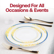 Chic party table presentation using the White with Blue and Gold Harmony Rim Plastic Wedding Set with bold accents
