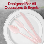 Chic pink disposable plastic cutlery set featuring an elegant Baroque pattern, perfect for special occasions and formal events