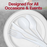 Chic place setting featuring White Medium Weight Plastic Knives perfect for banquets and catering events