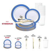 Chic reception décor with the White with Gold Spiral on Blue Rim Plastic Wedding Set for stylish events.