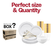 Chic table scene styled with the White Vintage Disposable Plastic Tableware Set’s graceful curves and glimmering gold details