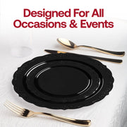 Chic wedding reception decorated with the Black Vintage Rim Round Disposable Plastic Wedding Value Set, enhancing the festive atmosphere