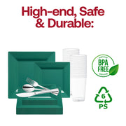 Chic wedding table styling with the Hunter Green Square Plastic Plates Wedding Set, ideal for sophisticated gatherings