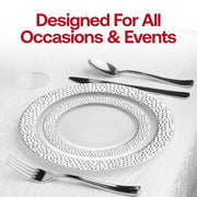 Chic white round plastic dinner plates with an elegant silver hammered rim, 10.25-inch size, disposable, pack of 120