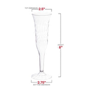 Classic 2.5x8" clear plastic champagne flutes, 5 oz. capacity, featuring a timeless flute shape for elegant drink presentations.