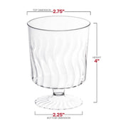 Classic 2.75" x 4" clear plastic pedestal wine glasses, 8 oz. capacity, featuring a traditional look for elegant drink presentations