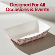Classic 6 oz red checkered paper food boat served with a hot dog and iced tea, perfect for rustic backyard picnics and carnivals.