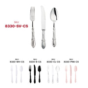 Classic Baroque-style silver plastic cutlery set with vintage-inspired detailing, enhancing table decor at elegant occasions