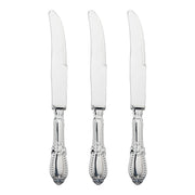 Classic Baroque-style silver plastic dinner knives, 9", with vintage-inspired detailing, enhancing table decor at elegant gatherings