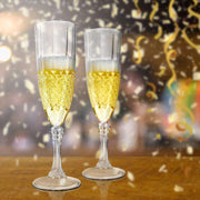 Classic crystal cut plastic champagne flutes, 8 oz capacity, stylish and reusable-looking, yet conveniently disposable