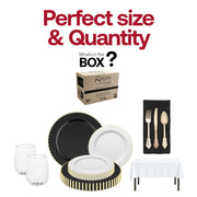 Classic holiday dining made easy with the Dear Santa Sets disposable black and gold dinnerware.