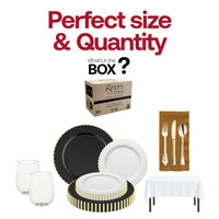 Classic holiday dining made easy with the Dear Santa Sets disposable black and gold dinnerware