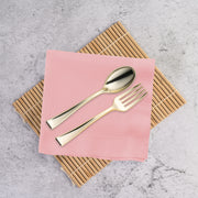 Classic pink disposable napkins for cocktails and beverages, measuring 10 by 10 inches when unfolded; sold in a 600-count pack