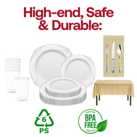 Classy and clean: silver rim plates and baroque utensils ideal for a neutral-themed baby shower event.