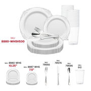 Classy wedding setting using the White with Silver Fancy Round Plastic Dinnerware with sparkling silver accents.