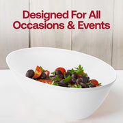 Clean and classic white disposable plastic bowl on a dark tablecloth, sophisticated party tableware for upscale dinner events.