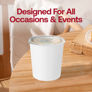 Clean white 16 oz squat paper soup containers with lids providing a professional look for soup stations and comfort-food bars