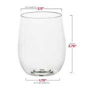 Introducing the 12 oz. Clear Elegant Stemless Plastic Wine Glasses by Kaya Collection, featuring a sleek, slightly rounded clear design. The top diameter is 2.5 inches, standing at a height of 3.75 inches with a bottom diameter of 1.75 inches. Each dimension is marked in red text and perfectly aligned with its respective part on the glass, making it an ideal choice for those in search of stylish plastic drinkware.