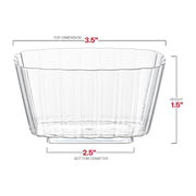 The 5.5 oz. Clear Fluted Rectangular Disposable Plastic Pudding Cups feature a sleek, fluted design with dimensions of a top diameter of 3.5 inches, bottom diameter of 2.5 inches, and height of 1.5 inches, making them the perfect elegant addition to upscale gatherings for serving delicious puddings in stylish tableware.