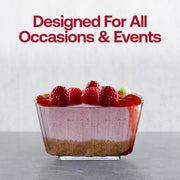 An exquisite dessert is presented in a 5.5 oz. Clear Fluted Rectangular Disposable Plastic Pudding Cup, featuring a crumb crust base, a pink creamy middle layer, and a garnish of fresh raspberries and sauce. Bold red text at the top of the image reads "Designed For All Occasions & Events." The backdrop is a simple, light grey surface.