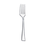 A single Clear Mini Plastic Disposable Tasting Fork with four tines and a sleek, modern design. The fork's handle features a slightly curved shape, adding to its contemporary aesthetic, much like high-quality stainless steel cutlery. The background is plain white, making the fork the central focus of the image.