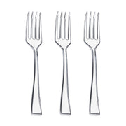 Three identical Clear Mini Plastic Disposable Tasting Forks are aligned vertically side by side against a white background. Each fork has four tines and a sleek, modern design with straight handles. Their elegance contrasts sharply with other disposable forks, showcasing convenience and style.