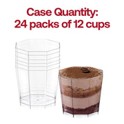 A 5.5 oz. Clear Octagon Disposable Plastic Dessert Cup is shown both empty and filled with a layered dessert, topped with cocoa powder and two coffee beans. The text above reads, "Case Quantity: 24 packs of 12 cups.