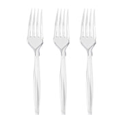 The image shows three identical Clear Plastic Disposable Forks arranged vertically and side by side against a plain white background. The forks have four tines each and feature sleek, slightly rounded handles, showcasing an elegant design.