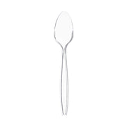 A single Clear Plastic Disposable Spoon, made from BPA-free transparent plastic and featuring a simple design, is centered against a plain white background. The clear disposable spoon has a smooth, elongated handle and a shallow, oval-shaped bowl.