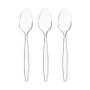 Three Clear Plastic Disposable Spoons arranged in a vertical line against a white background. Each spoon has a standard shape with a rounded bowl and a straight handle.