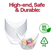 A set of 2 oz. Clear Small Disposable Plastic Concave Cups filled with colorful candies is displayed under the text "High-end, Safe & Durable." The image highlights the BPA-free certification and the recycling symbol indicating the plastic type as PS 6. Complementing any occasion, these cups pair well with BPA-free bowls for a complete look.