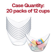 Image of crystal-clear 2 oz. Clear Small Disposable Plastic Concave Cups displayed in a staggered stack, with one filled with colorful candy. Text above reads, "Case Quantity: 20 packs of 12 cups" in bold red letters. The cups have a modern, angled design.