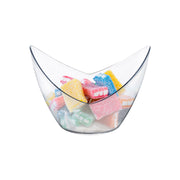 A clear, concave bowl filled with colorful, sugar-coated candy blocks. The candies come in shades of pink, yellow, green, and blue, their sugary texture clearly visible on the surface. This creates a vibrant and sweet visual display that would look equally delightful in 2 oz. Clear Small Disposable Plastic Concave Cups.