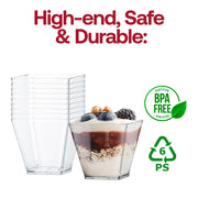 A set of six stylish 3.5 oz. Clear Square Disposable Plastic Mini Cups with Lids, each featuring a translucent clear design. One cup is filled with yogurt, granola, berries, and nuts. The image text reads "High-end, Safe & Durable:" and includes “Certified BPA Free” along with a recycling symbol containing the number 6 and "PS".