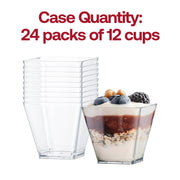 Displayed are stacked, elegant 3.5 oz. Clear Square Disposable Plastic Mini Cups with Lids, beside a filled cup containing layers of yogurt, granola, berries, and nuts. The text above reads: "Case Quantity: 24 packs of 12 cups." Their translucent design beautifully highlights the dessert inside, making them perfect for any occasion.