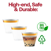 9 oz. Clear with Metallic Gold Rim Round Disposable Plastic Cups BPA | Smarty Had A Party