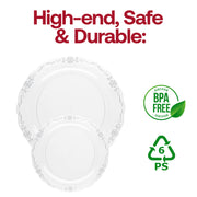 Clear with Silver Vintage Rim Round Disposable Plastic Appetizer/Salad Plates (7.5") BPA | Smarty Had A Party
