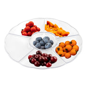 Clear 6-compartment tray made from BPA-free, recyclable plastic, perfect for safe and sustainable serving