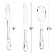 Clear Baroque disposable plastic cutlery set, including forks 8", knives 9", and spoons 8.25'', available in a 480-piece case