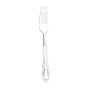 Clear Baroque disposable plastic dinner forks, 8 inches long, featuring an ornate design, sold in a case of 480
