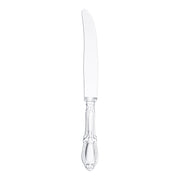 Clear Baroque disposable plastic dinner knives with an ornate handle design, 9 inches long, perfect for upscale dining