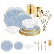 Clear Blue with Gold Rim Hammered Glass Disposable Set displayed elegantly for weddings or upscale events.