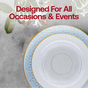 Clear Blue with Gold Rim Hammered Glass Tableware Set used at a beach wedding reception..