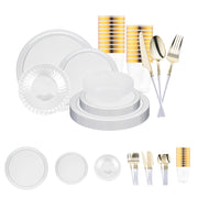 Clear Flat Round Disposable Plastic Tableware Set brings sleek modern style and clean elegance to weddings and upscale events