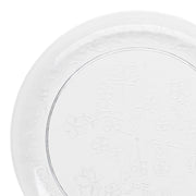 Clear Floral Pastry Plates held cupcakes and fruit at a garden party with blooming floral accents.