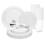 Clear Floral Round Disposable Plastic Wedding Set with silver cutlery and cups displayed for elegant reception setup