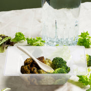 Clear Square Plastic Dessert Bowl (5 oz.) filled with a hearty combination of meat, steamed rice, and fresh broccoli