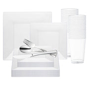 Clear Square Plastic Wedding Value Set with silver cutlery, designed to bring modern elegance to weddings and events